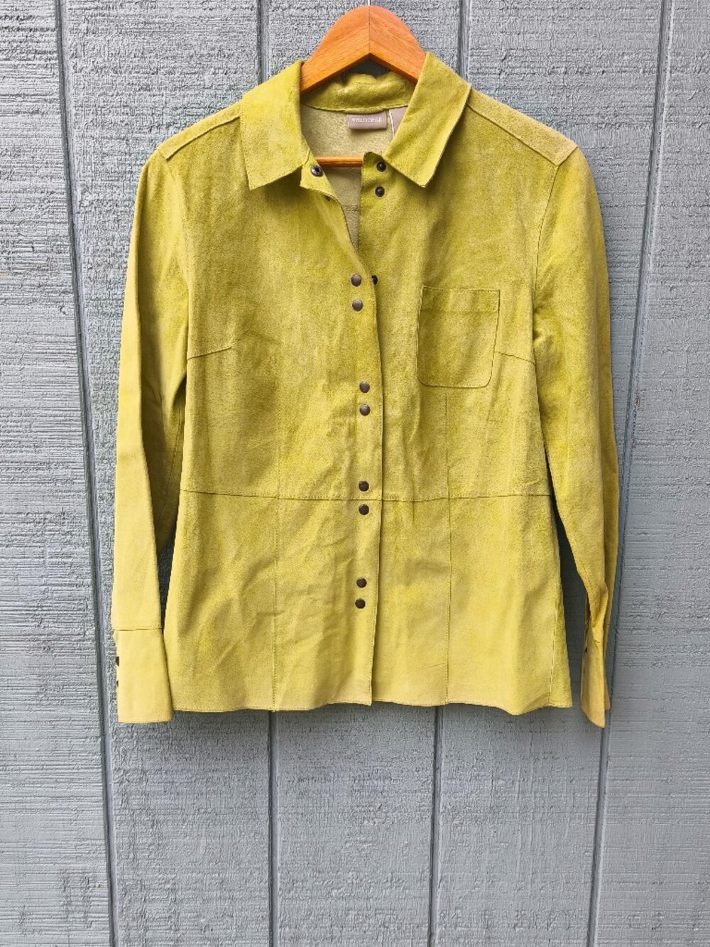 90s Fieldgear 100% Suede Soft Leather Shirt Jacket sz S Green Yellow Cowgirl